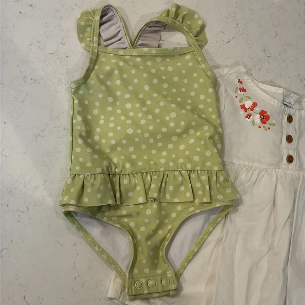 Carters green & white polka dot one piece bath suit with cover up. Size 9M